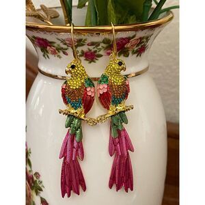 Vintage Colorful Parrot Earrings ~Bird ~Rhinestones ~Long Betsy Dangle~Pink Gold